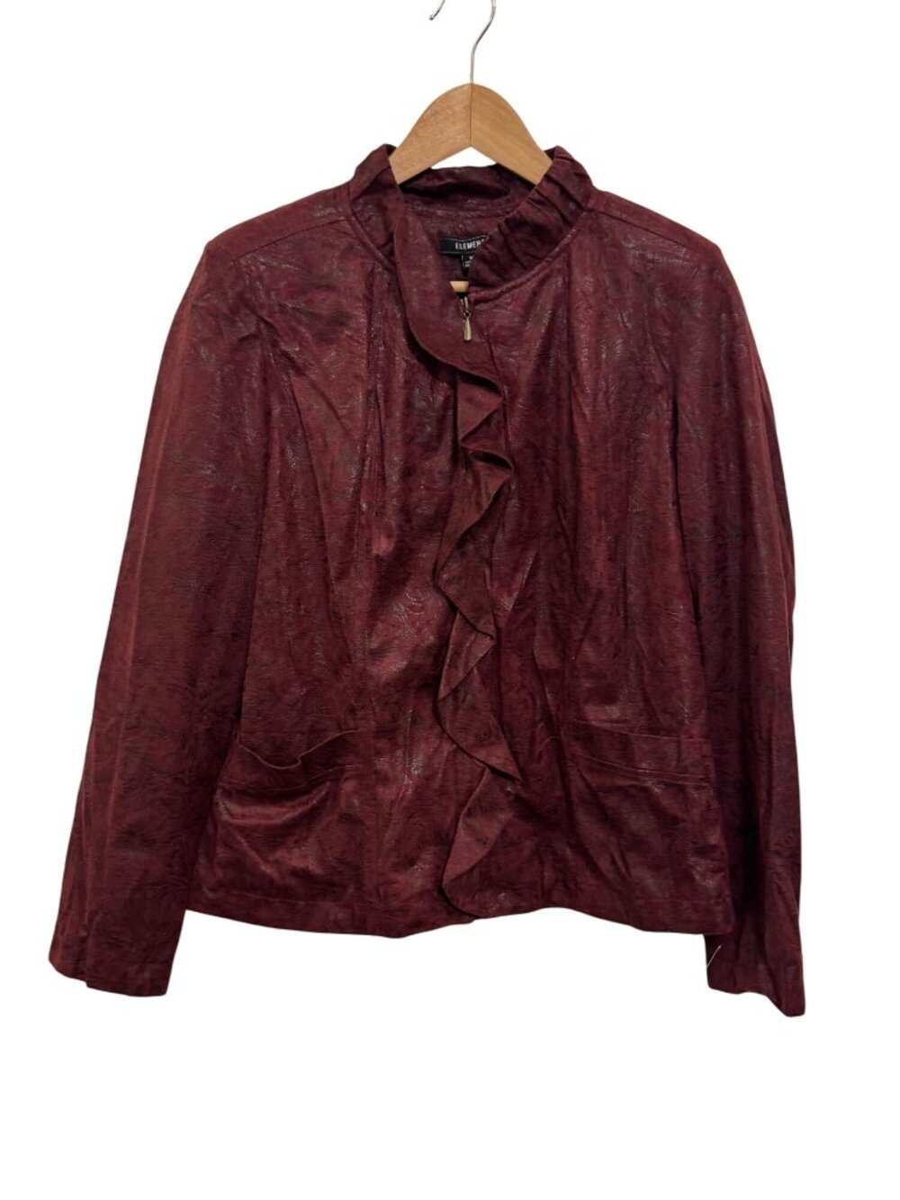 Elementz Womens jacket Burgundy Textured Ruffle FrontSize M
